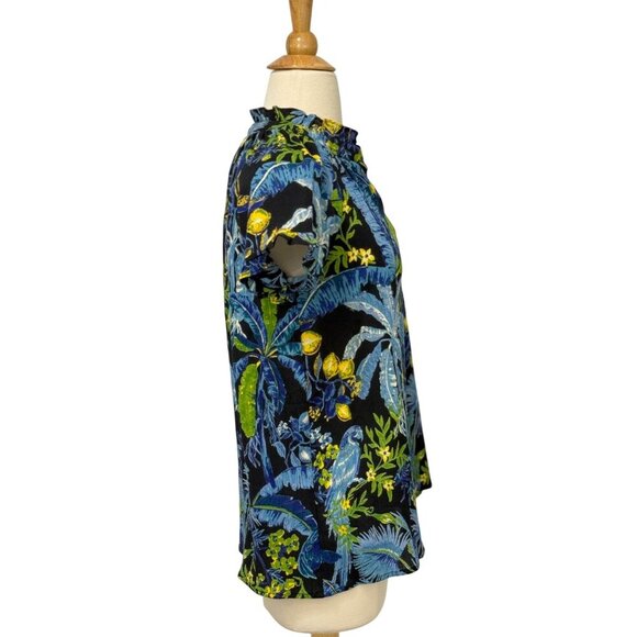 Banjanan Anthropologie Blue Bird Ruffle Top Short Sleeve Tropical Cotton Size XS - Picture 3 of 8